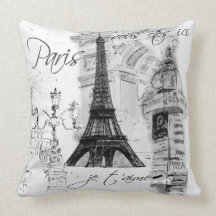 Paris Eiffel Tower Collage Black & White Throw Pillows