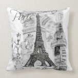 Paris Eiffel Tower Collage Black & White Throw Pillows