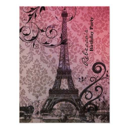 paris eiffel tower floral vintage birthday party personalized invites