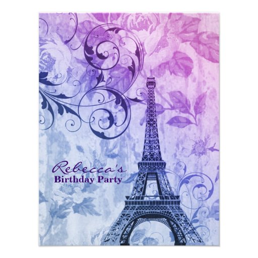paris eiffel tower floral vintage birthday party personalized invitation