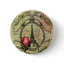 Paris Eiffel Tower & Red Rose Steampunk Pinback Button