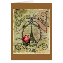 Paris Eiffel Tower & Red Rose Steampunk Cards