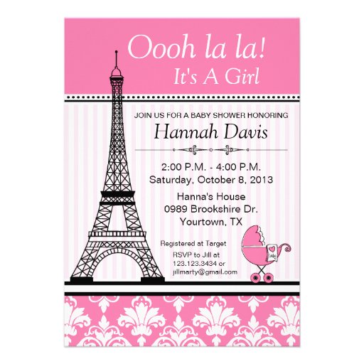 Paris Eiffel Tower Theme Baby Shower Pink Custom Announcement (front side)