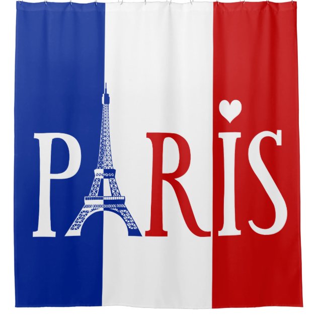 Paris Eiffel Tower Typography with France Flag Shower Curtain-1