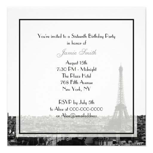 Paris France Skyline #1 BW Sweet 16 V Custom Invitations