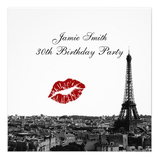 Paris France Skyline Kiss #1 BW Birthday Invitations