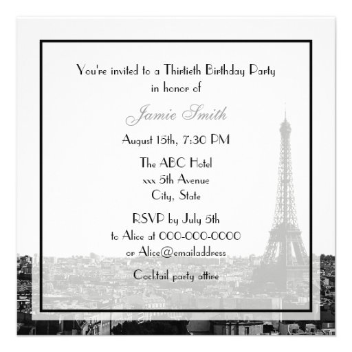 Paris France Skyline Kiss #1 BW Birthday Invitations