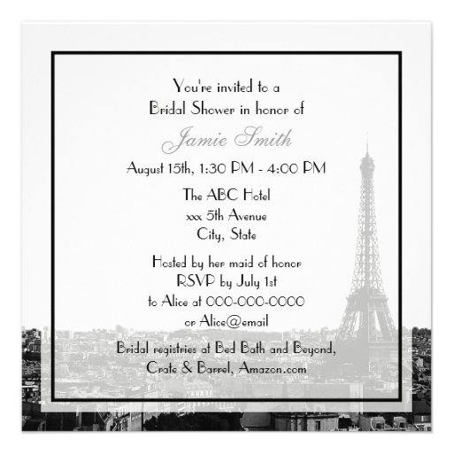 Paris France Skyline Kiss #1 BW Bridal Shower Personalized Invite