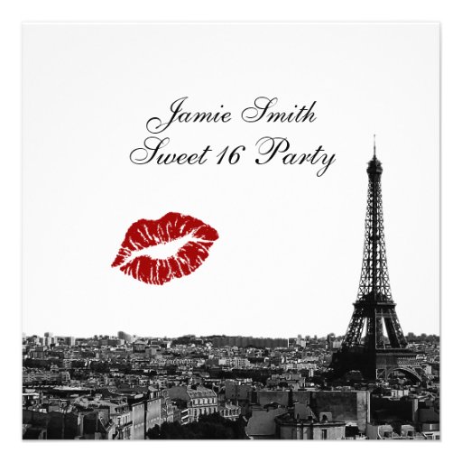 Paris France Skyline Kiss #1 BW Sweet 16 Custom Invites