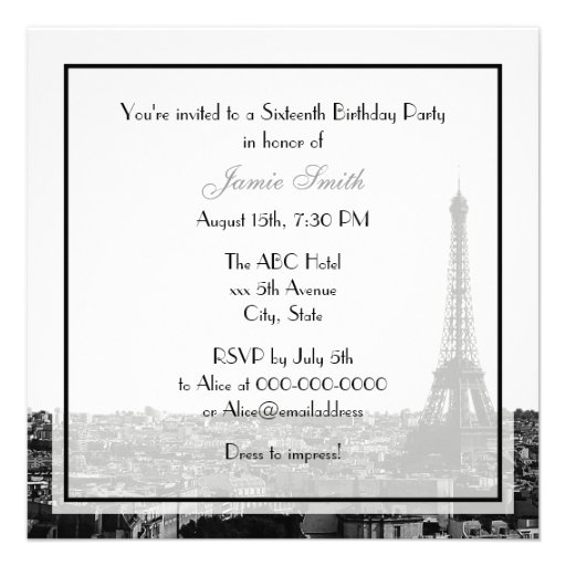 Paris France Skyline Kiss #1 BW Sweet 16 Custom Invites