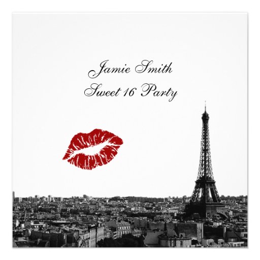 Paris France Skyline Kiss #1 BW Sweet 16 V Invitation