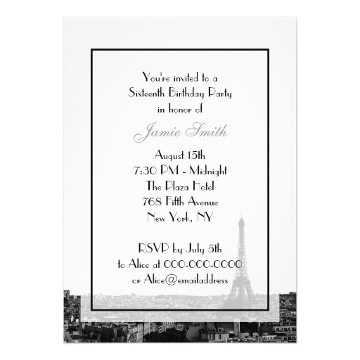 Paris France Skyline Kiss #1 BW Sweet 16 V Custom Invitations