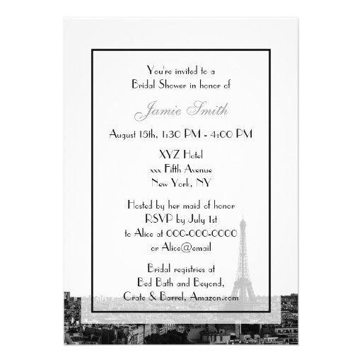 Paris France Skyline Kiss #1 BW V Bridal Shower Personalized Invitation