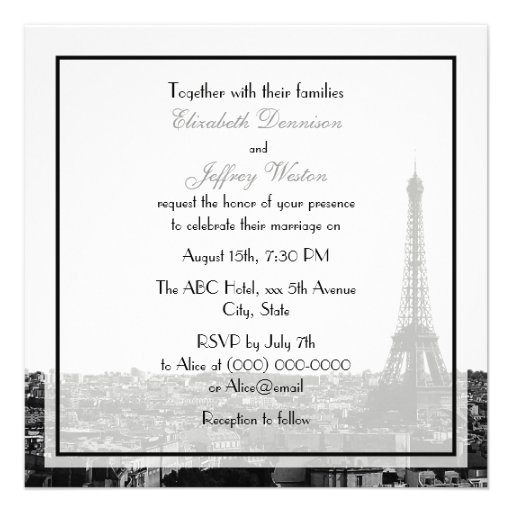 Paris France Skyline Kiss #1 BW Wedding Personalized Invitation