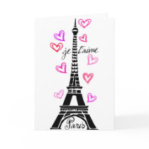 PARIS JE T'AIME EIFFEL AND PINK HEARTS GREETING CARD