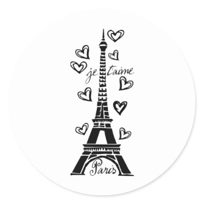 PARIS JE T'AIME EIFFEL TOWER AND HEARTS PRINT ROUND STICKERS