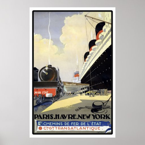 "Paris, Le Havre, New York" Vintage Travel Poster