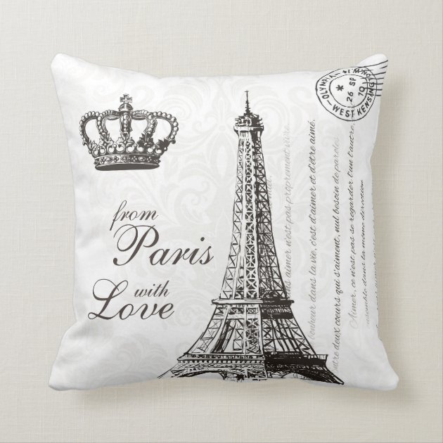 Paris Love Typography Vintage French Eiffel Tower Throw Pillow-1