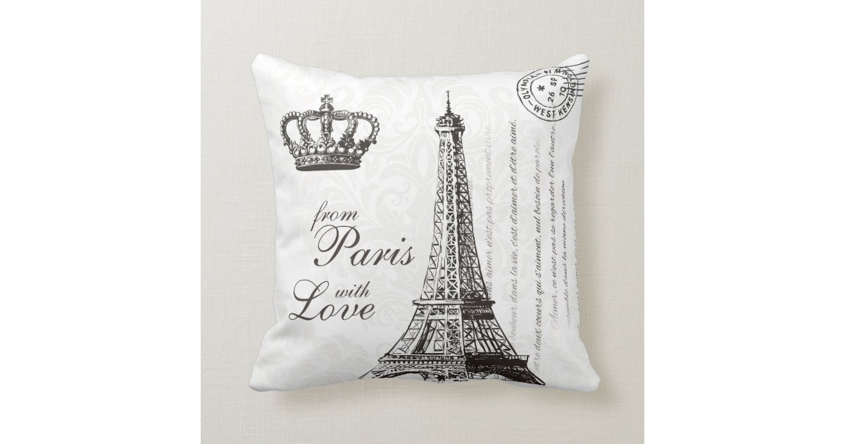 Paris Love Typography Vintage French Eiffel Tower Throw Pillow