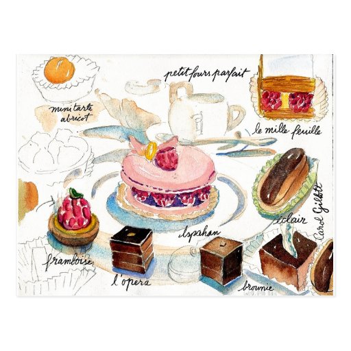 Paris Pastry Sketch watercolor Post Card