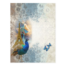 Paris peacock collage postcard