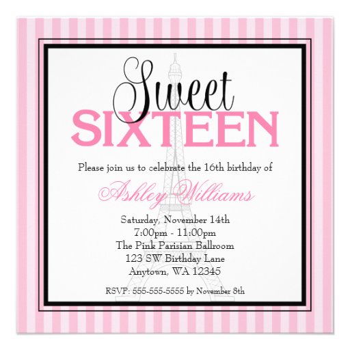 Paris Pink Stripes Sweet 16 Birthday Invitations