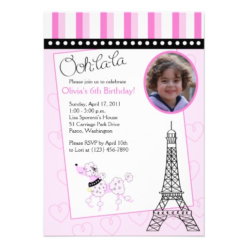 Paris Poodle 5x7 Pink Birthday Invitation