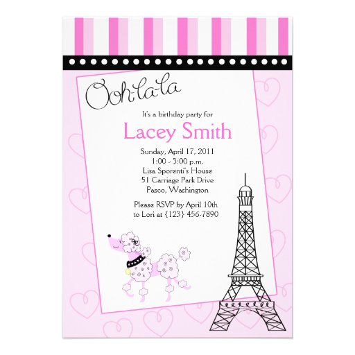 Paris Poodle 5x7 Pink Birthday Invitation