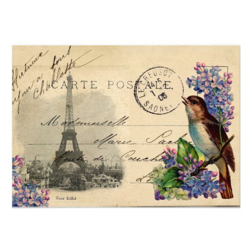 Paris Postcard Bird on Lilacs Invitation