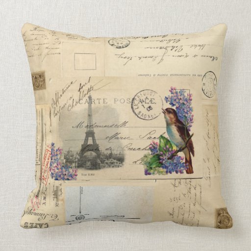 Paris Postcard Bird on Lilacs Pillow