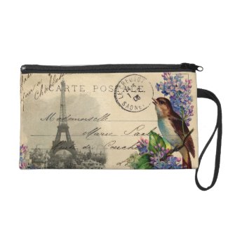 Paris Postcard Bird on Lilacs Wristlet