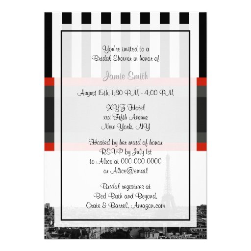 Paris Skyline BW Stripe Red Kiss PV Bridal Shower Personalized Invitation