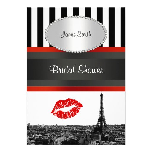 Paris Skyline BW Stripe Red Kiss PV Bridal Shower Personalized Invitation