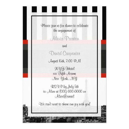Paris Skyline BW Stripe Red Kiss PV Engagement Custom Invitations