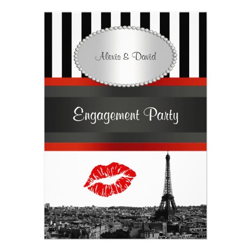 Paris Skyline BW Stripe Red Kiss PV Engagement Custom Invitations