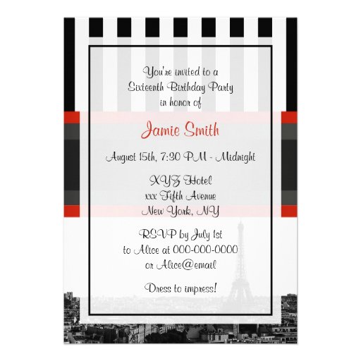 Paris Skyline BW Stripe Red Kiss Sweet 16 Party Custom Invites