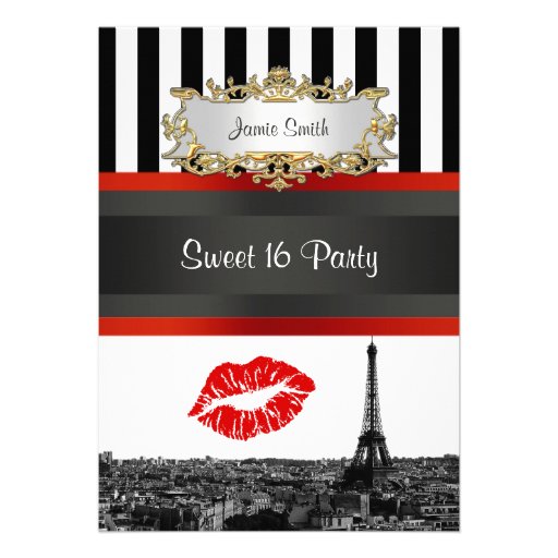 Paris Skyline BW Stripe Red Kiss Sweet 16 Party Custom Invites