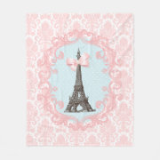 I love Paris French France Vintage Pink Damask Eiffel Tower Girly Bow Fleece Blanket