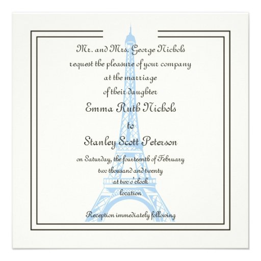 Paris wedding blue Eiffel Tower ivory invitation