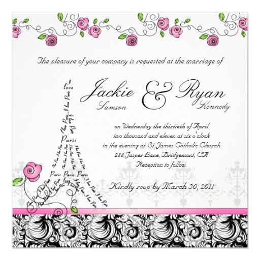Paris Wedding Invitation Pink Roses Black White