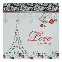 Paris Wedding Invite Red Roses Silver Black White