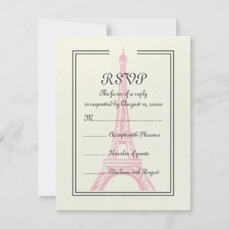 Paris wedding pink Eiffel Tower on ivory RSVP card invitation