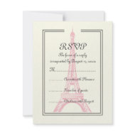 Paris wedding pink Eiffel Tower on ivory RSVP card invitation