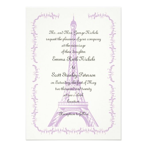Paris wedding purple Eiffel Tower ivory invitation