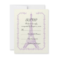Paris wedding purple Eiffel Tower on ivory RSVP invitation