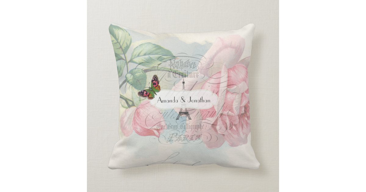 Paris Wedding Vintage Shabby-Chic Pink Rose Custom Throw Pillow Zazzle