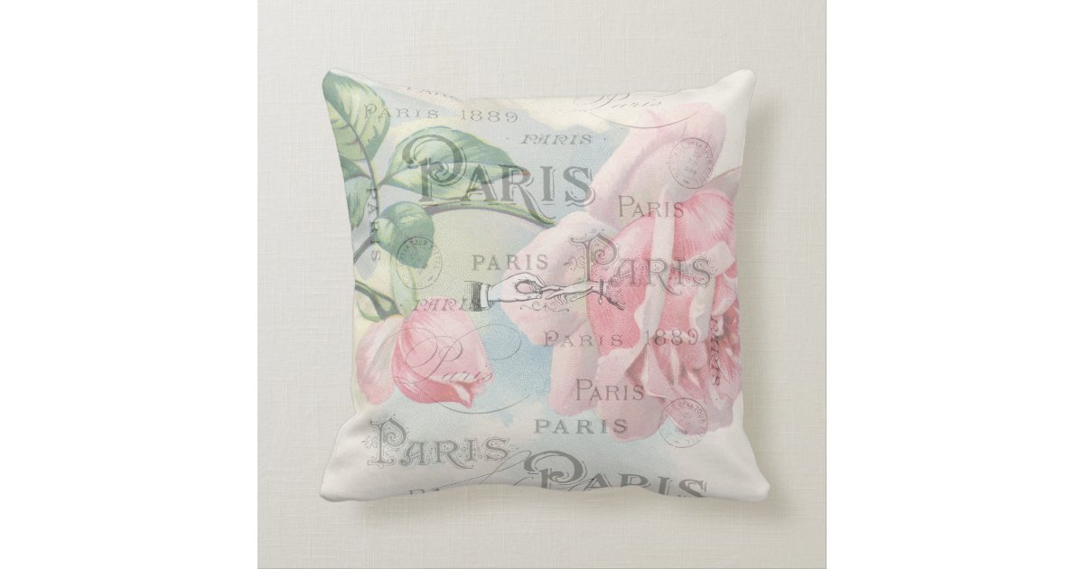 Paris Wedding Vintage Shabby-Chic Pink Rose Custom Throw Pillow Zazzle