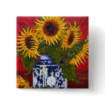 Paris' Yellow Sunflower on Red Background Pinback Buttons