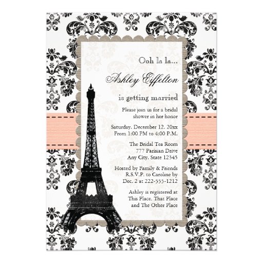 Parisian Coral Peach Bridal Shower Invitations (front side)