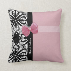Parisian Damask Pink and Black With Chic Bow Throw Pillow